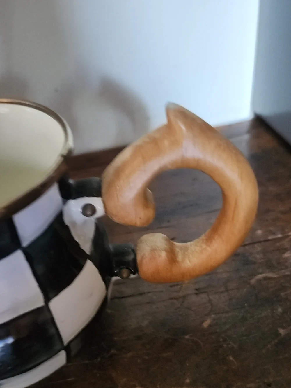 Mackenzie Childs Courtly Check Enamel Creamer With Wooden Handle
